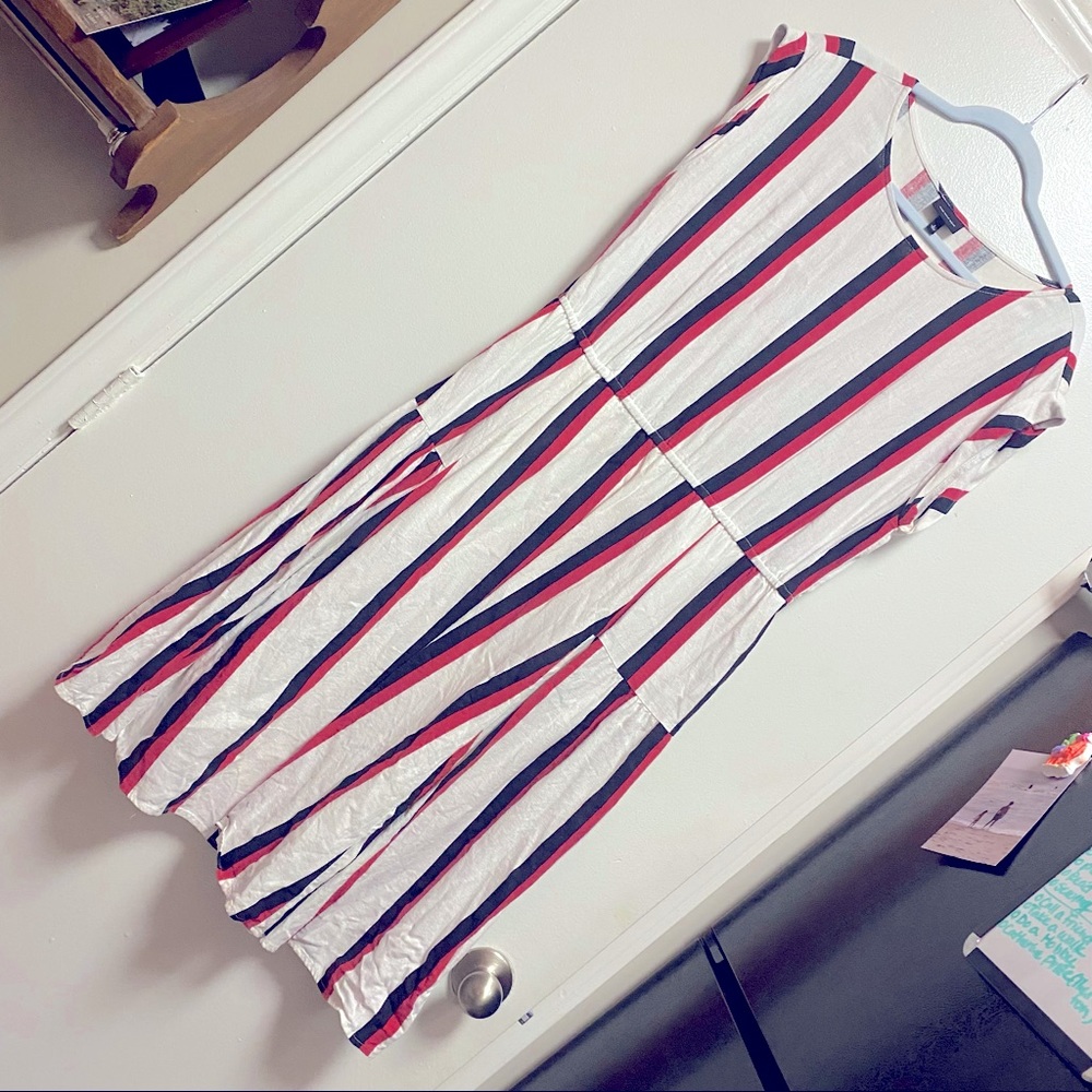 Who what wear target brand red black and white stripe dress.Linen blend texture